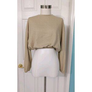Oak+ Fort Beige  Oversized Ribbed Cropped Sweater Elasticized Hem Sz XS